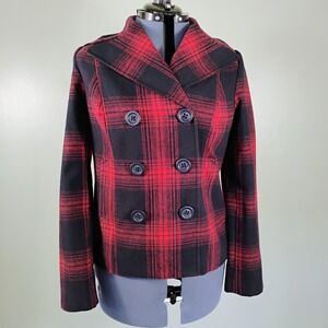 Old Navy Red Plaid Wool Blend Pea Coat Womens Size Medium Preppy Double Breasted